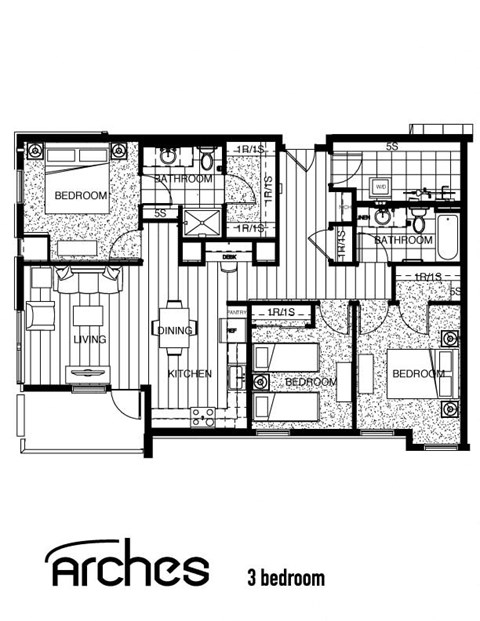 Floor plan for 3 beds, 2 baths, 1522 sqft